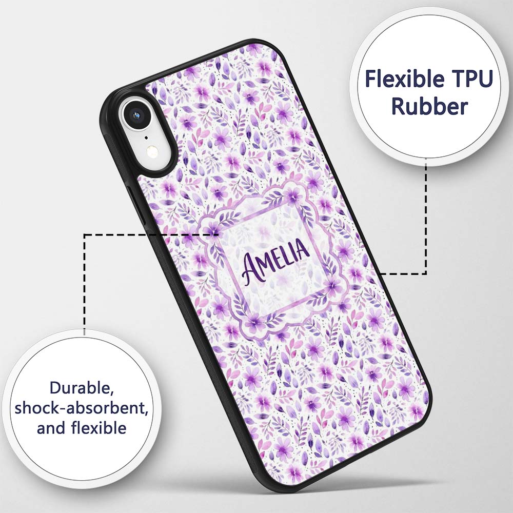 Pastel Purple Watercolor Floral Pattern Seamless Custom Name Protective Phone Case Mobile Cover Durable Everyday Smartphone Shock Resistant
