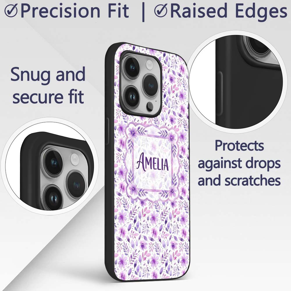 Pastel Purple Watercolor Floral Pattern Seamless Custom Name Protective Phone Case Mobile Cover Durable Everyday Smartphone Shock Resistant