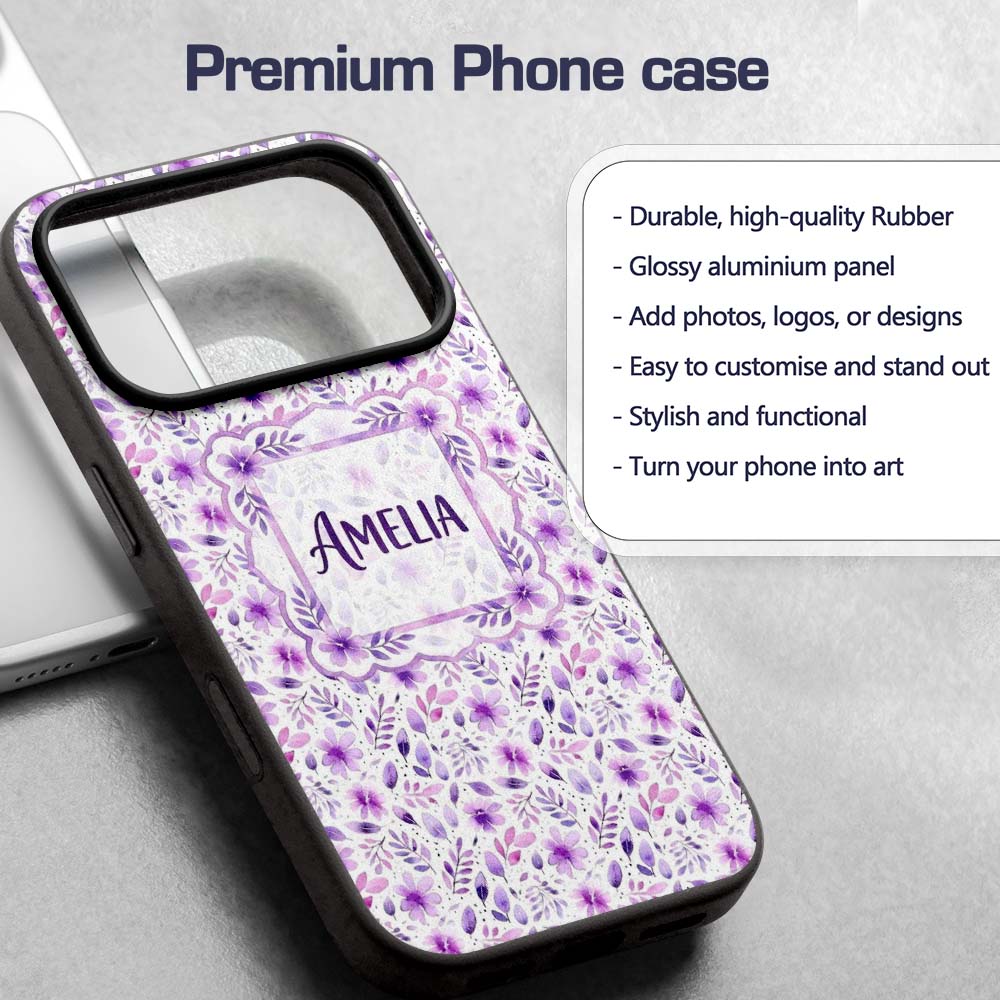 Pastel Purple Watercolor Floral Pattern Seamless Custom Name Protective Phone Case Mobile Cover Durable Everyday Smartphone Shock Resistant