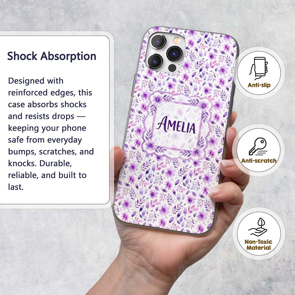 Pastel Purple Watercolor Floral Pattern Seamless Custom Name Protective Phone Case Mobile Cover Durable Everyday Smartphone Shock Resistant