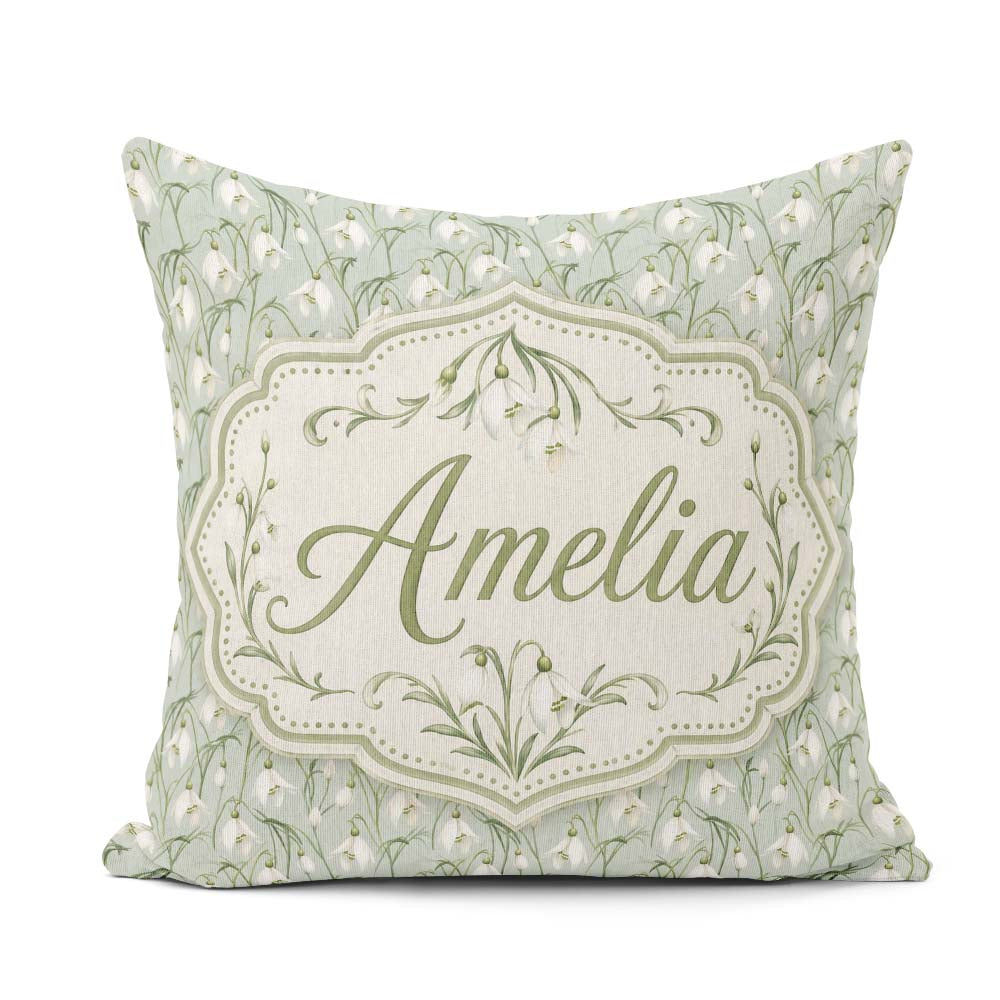 Custom Name Delicate Snowdrop Flowers Soft Sage Green Background Square Filled Cushion Throw Pillow Sofa Bed Home Decor Zip Washable UK Made