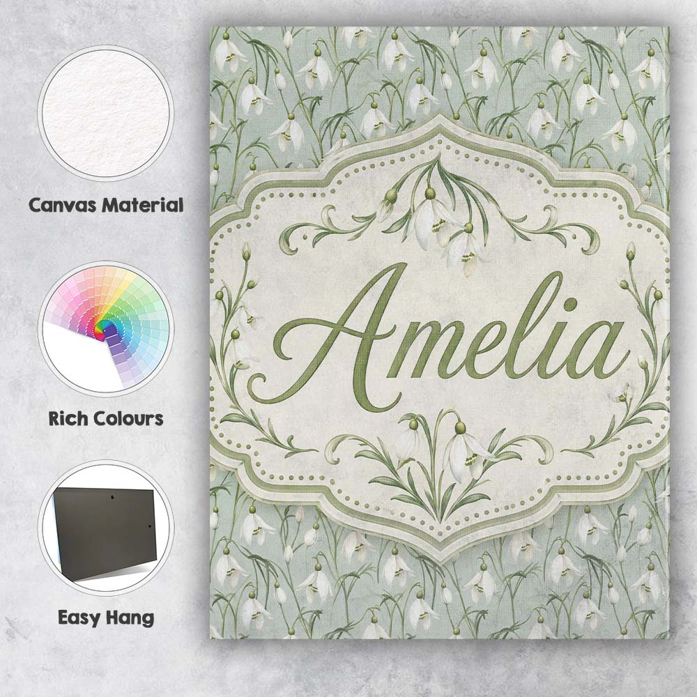 Personalised Name Delicate Snowdrop Flowers Custom Bespoke Interior Contemporary Canvas Wall Art Print Decor Picture Ready to Hang