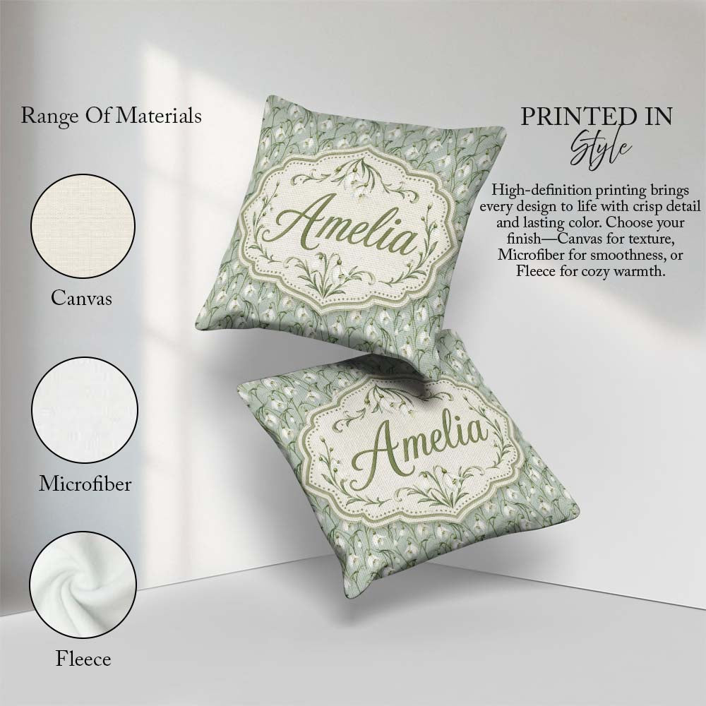 Custom Name Delicate Snowdrop Flowers Soft Sage Green Background Square Filled Cushion Throw Pillow Sofa Bed Home Decor Zip Washable UK Made