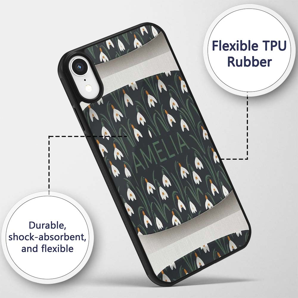 Minimal Snowdrop Floral Pattern on Dark Blue Custom Name Protective Phone Case Mobile Cover Durable Everyday Smartphone Shock Resistant