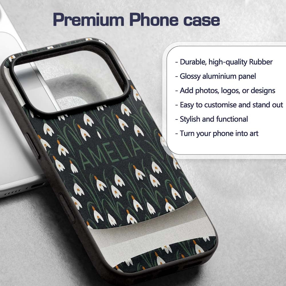Minimal Snowdrop Floral Pattern on Dark Blue Custom Name Protective Phone Case Mobile Cover Durable Everyday Smartphone Shock Resistant