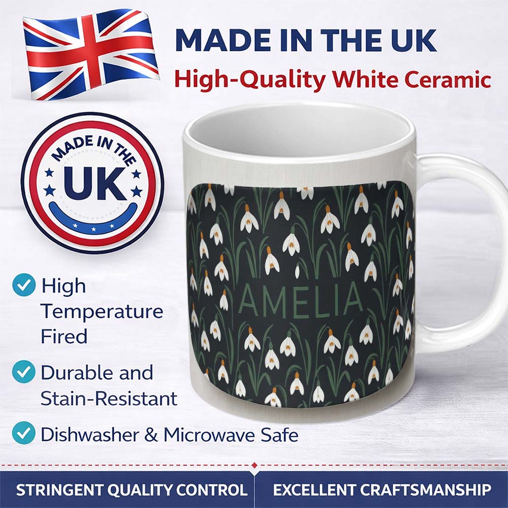 Personalized Custom Name Minimal Snowdrop Floral Pattern on Dark Blue Background Seamless 11oz Ceramic Coffee Tea Mug White Large Handle