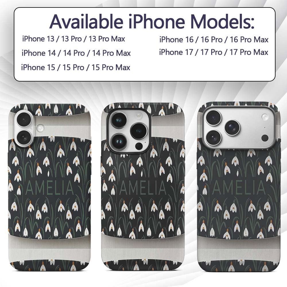 Minimal Snowdrop Floral Pattern on Dark Blue Custom Name Protective Phone Case Mobile Cover Durable Everyday Smartphone Shock Resistant