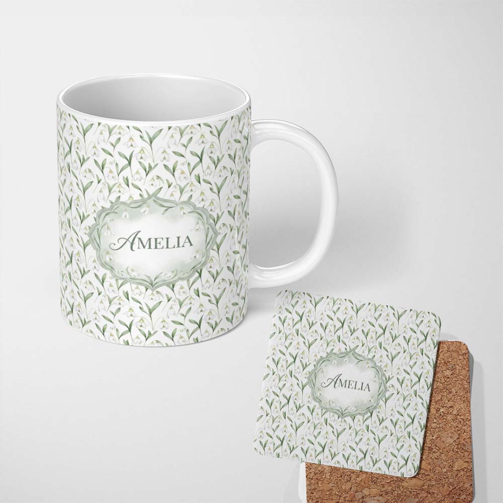 Personalized Custom Name Elegant Snowdrop Flowers with Green Leaves Seamless Pattern White 11oz Ceramic Coffee Tea Mug White Large Handle