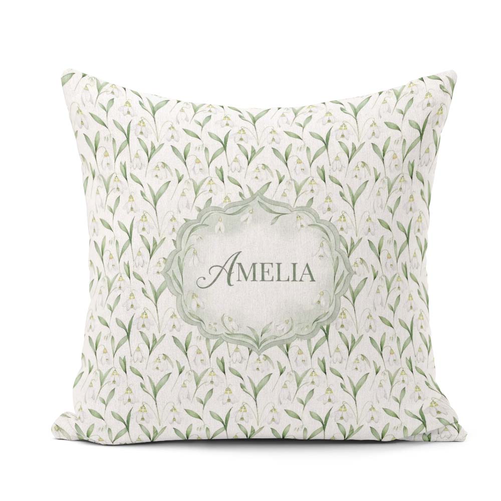 Custom Name Elegant Snowdrop Flowers with Green Seamless Pattern Square Filled Cushion Throw Pillow Sofa Bed Home Decor Zip Washable UK Made