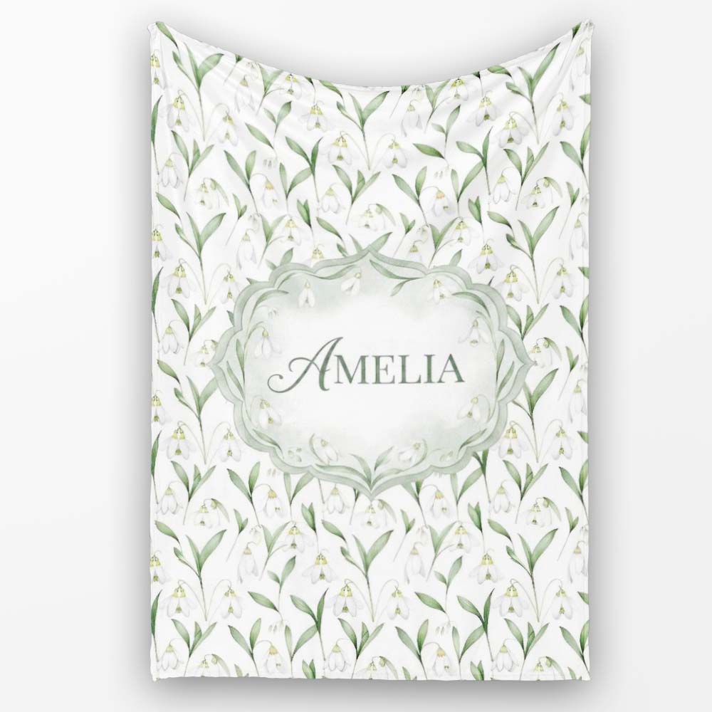 Elegant Snowdrop Flowers with Green Leaves Seamless Pattern White Personalised Custom Name Super Soft Fleece Blanket Bed Sofa Throw