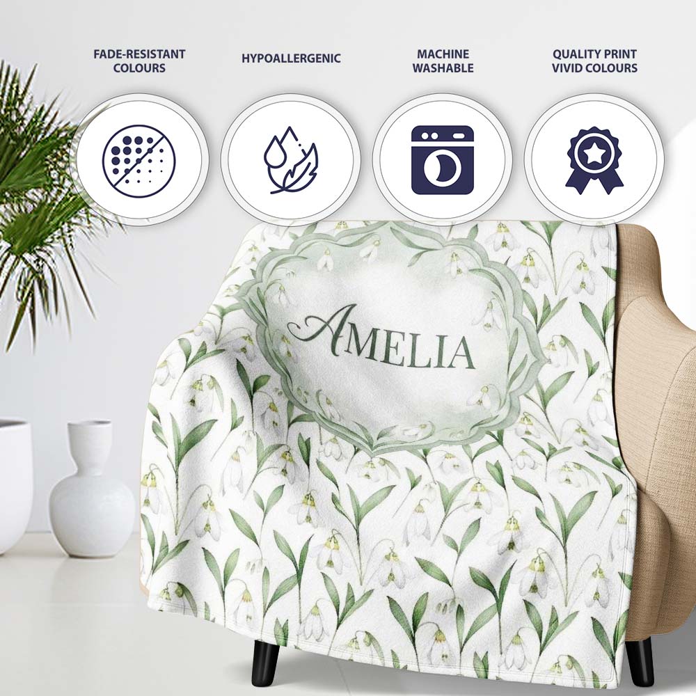 Elegant Snowdrop Flowers with Green Leaves Seamless Pattern White Personalised Custom Name Super Soft Fleece Blanket Bed Sofa Throw