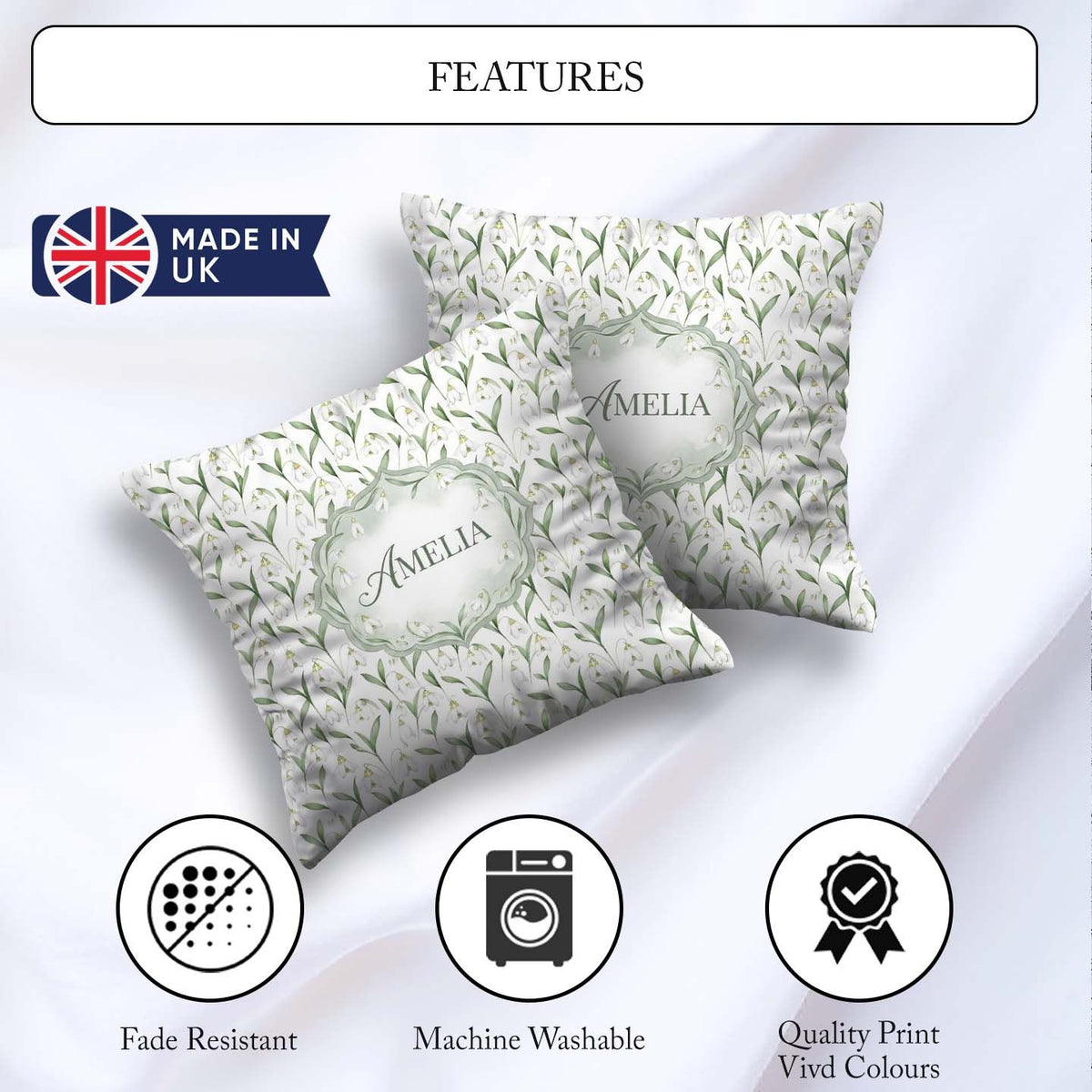 Custom Name Elegant Snowdrop Flowers with Green Seamless Pattern Square Filled Cushion Throw Pillow Sofa Bed Home Decor Zip Washable UK Made