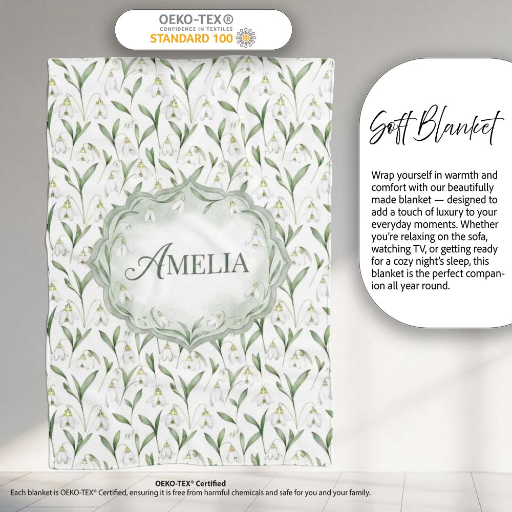 Elegant Snowdrop Flowers with Green Leaves Seamless Pattern White Personalised Custom Name Super Soft Fleece Blanket Bed Sofa Throw