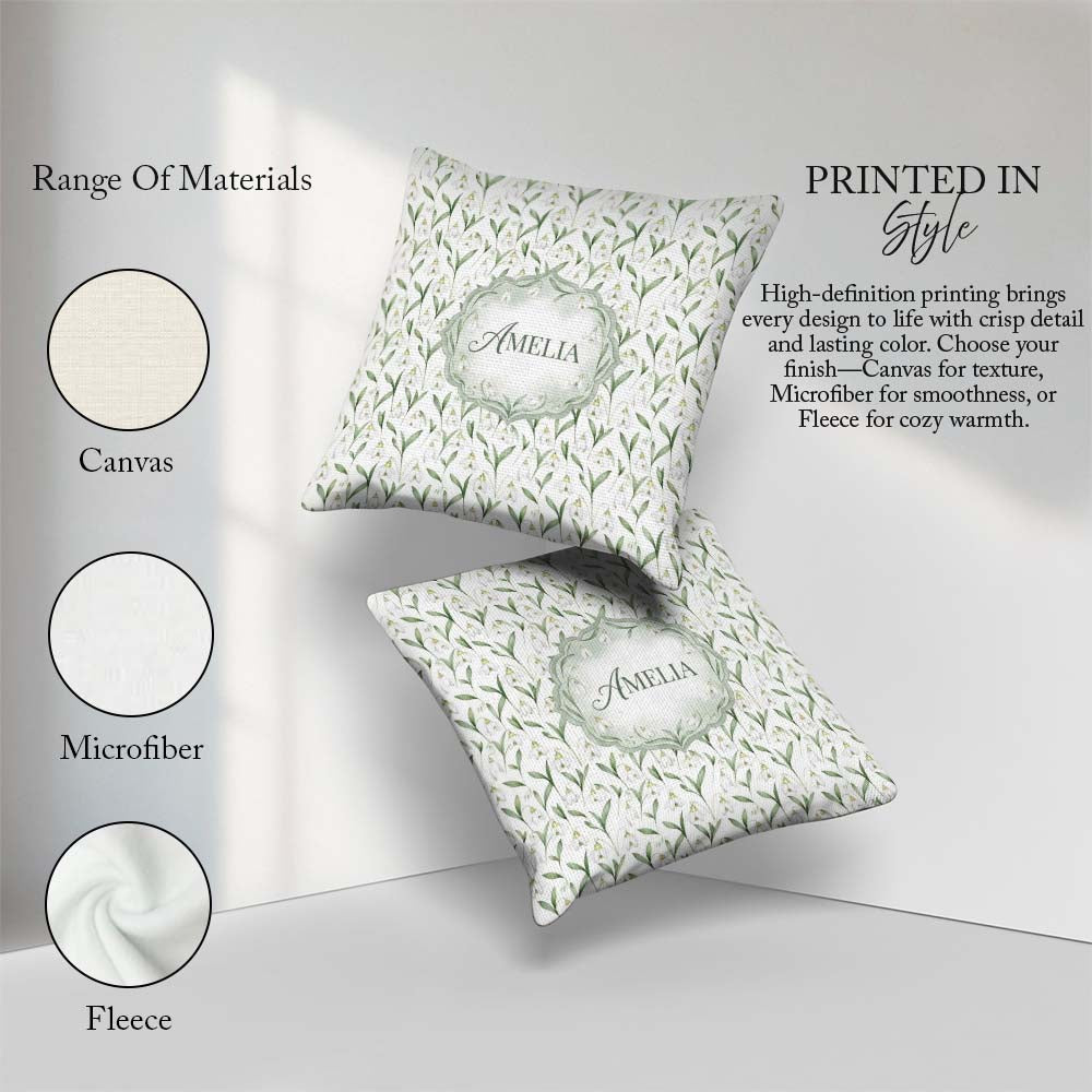 Custom Name Elegant Snowdrop Flowers with Green Seamless Pattern Square Filled Cushion Throw Pillow Sofa Bed Home Decor Zip Washable UK Made