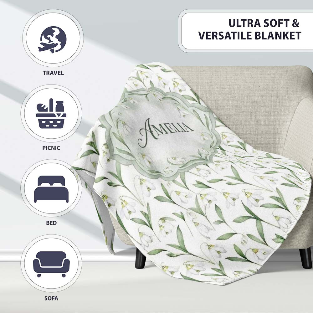 Elegant Snowdrop Flowers with Green Leaves Seamless Pattern White Personalised Custom Name Super Soft Fleece Blanket Bed Sofa Throw
