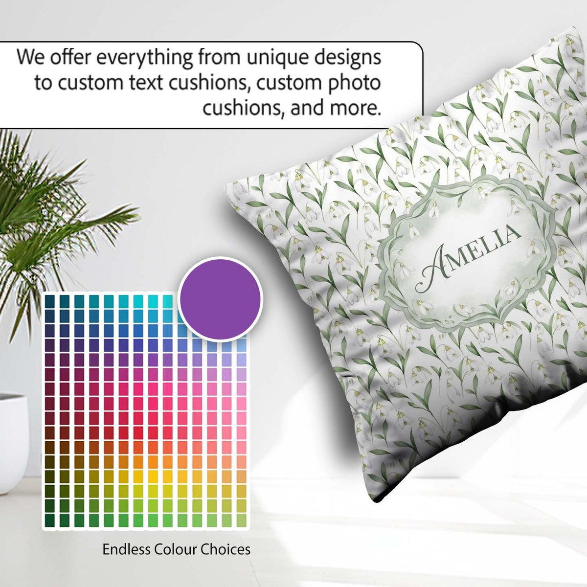 Custom Name Elegant Snowdrop Flowers with Green Seamless Pattern Square Filled Cushion Throw Pillow Sofa Bed Home Decor Zip Washable UK Made
