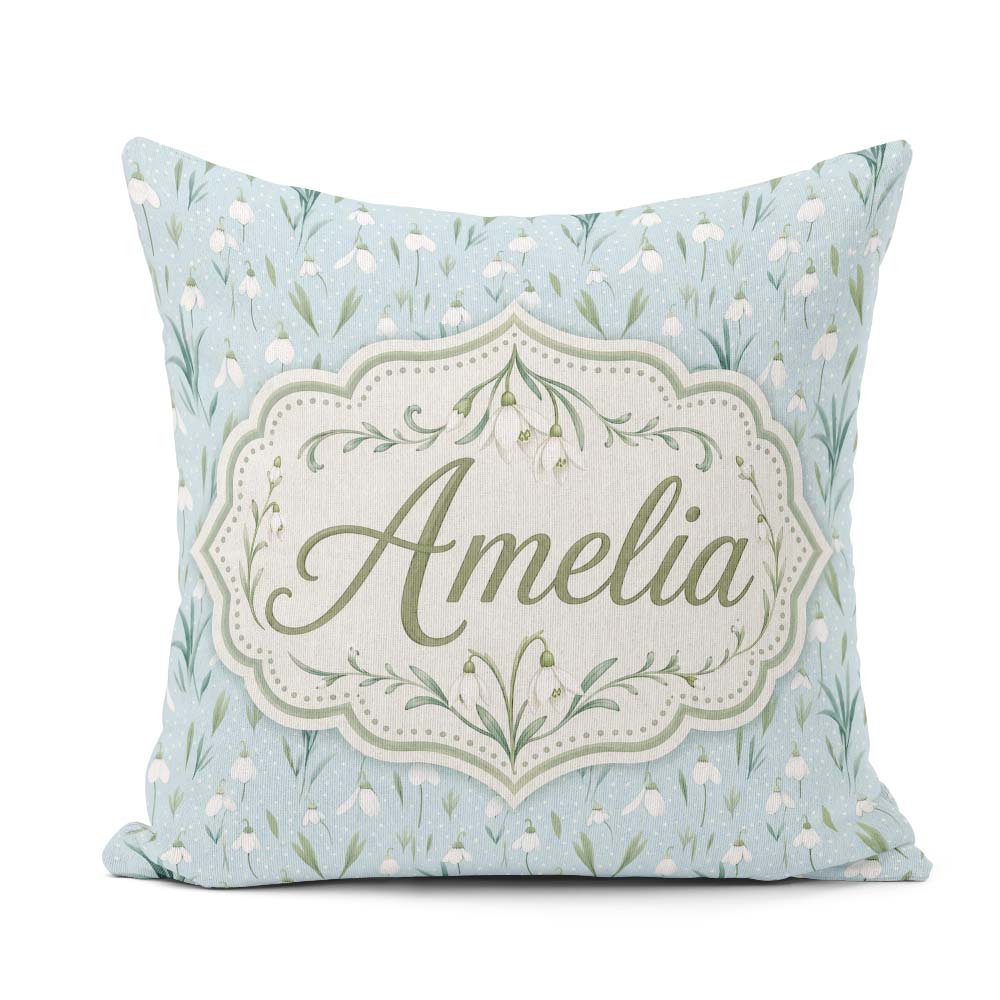 Custom Name Small Snowdrop Flowers on Light Polka Dot Background Square Filled Cushion Throw Pillow Sofa Bed Home Decor Zip Washable UK Made