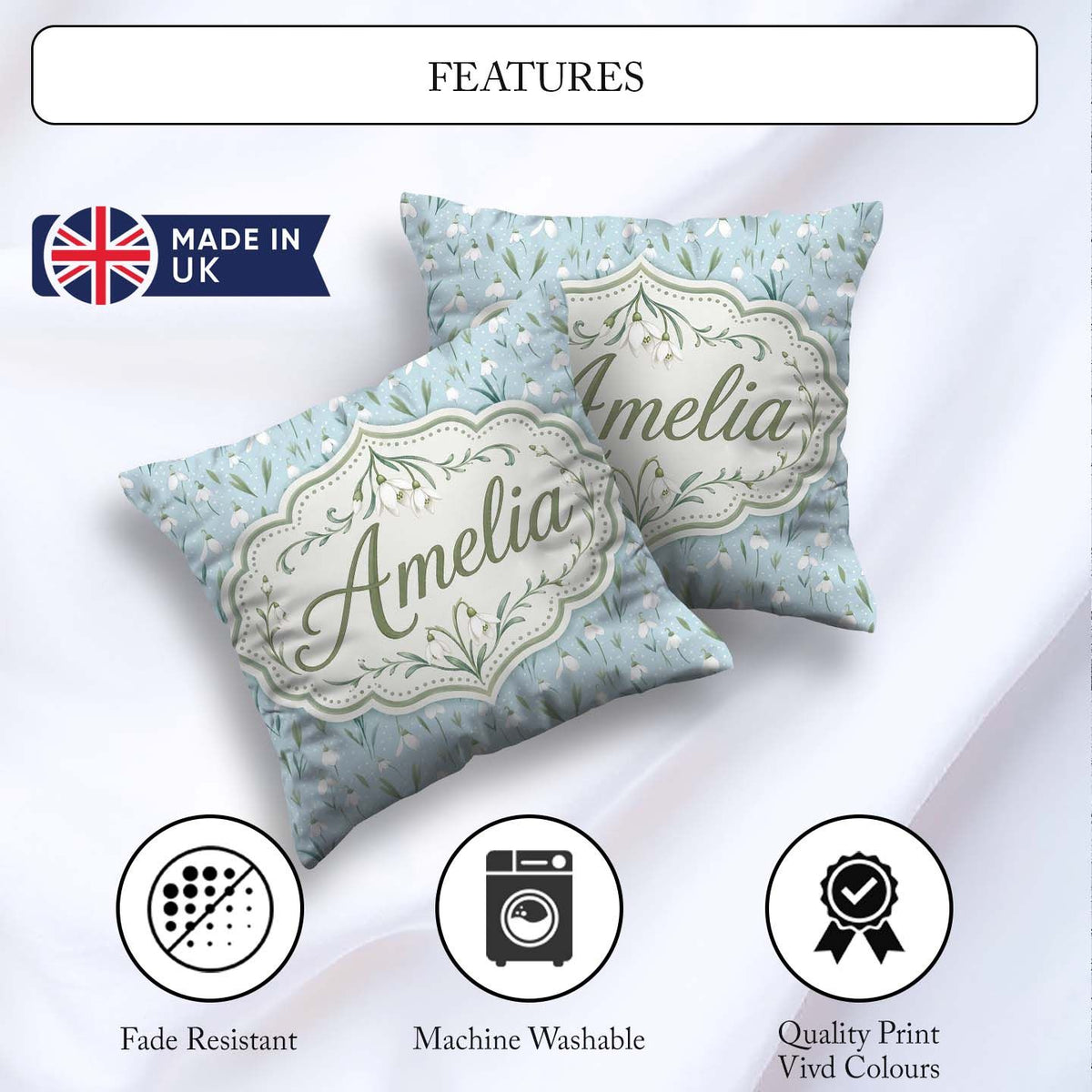 Custom Name Small Snowdrop Flowers on Light Polka Dot Background Square Filled Cushion Throw Pillow Sofa Bed Home Decor Zip Washable UK Made