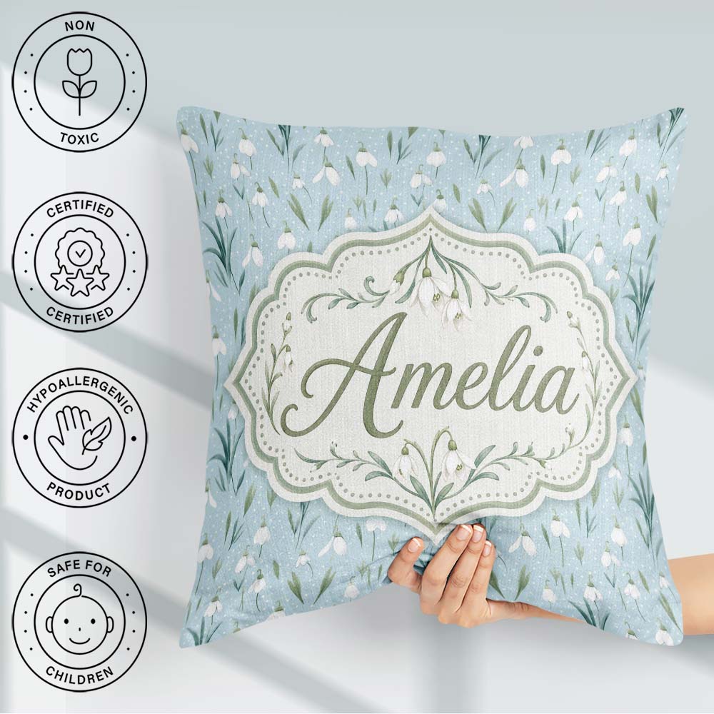 Custom Name Small Snowdrop Flowers on Light Polka Dot Background Square Filled Cushion Throw Pillow Sofa Bed Home Decor Zip Washable UK Made