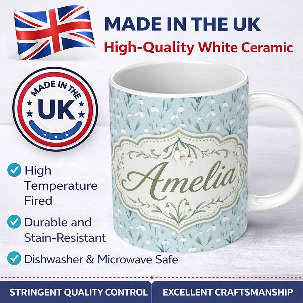 Personalized Custom Name Small Snowdrop Flowers on Light Blue Polka Dot Background Seamless 11oz Ceramic Coffee Tea Mug White Large Handle