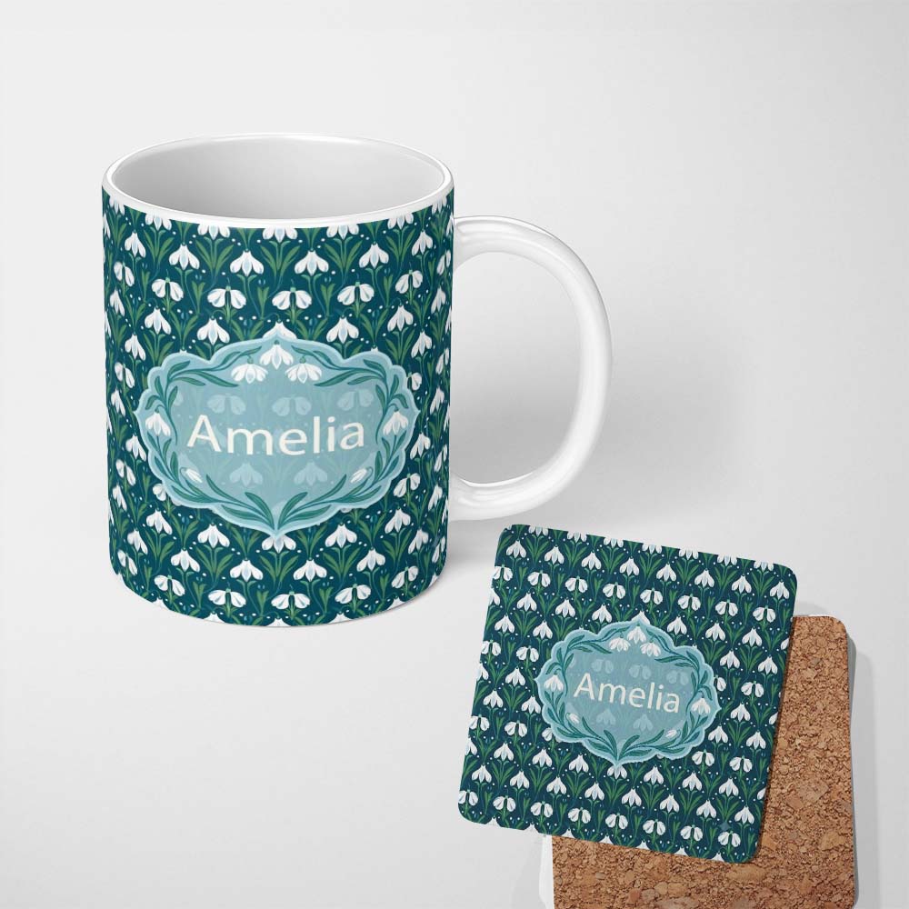 Personalized Custom Name Stylized Snowdrop Floral Pattern on Deep Teal Background Seamless 11oz Ceramic Coffee Tea Mug White Large Handle