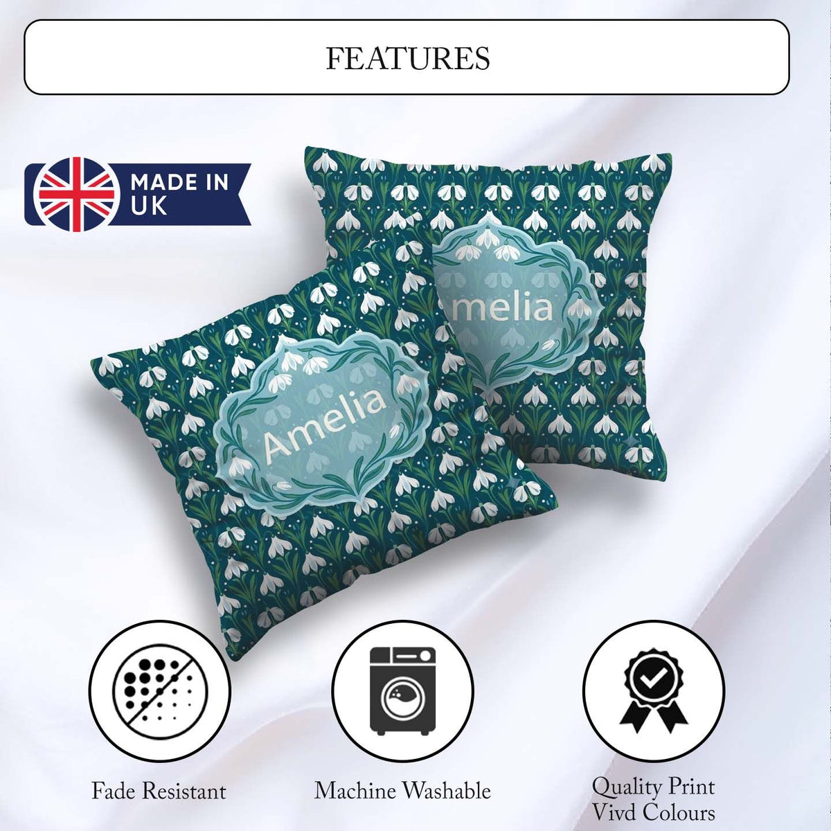 Custom Name Stylized Snowdrop Floral on Deep Background Seamless Square Filled Cushion Throw Pillow Sofa Bed Home Decor Zip Washable UK Made