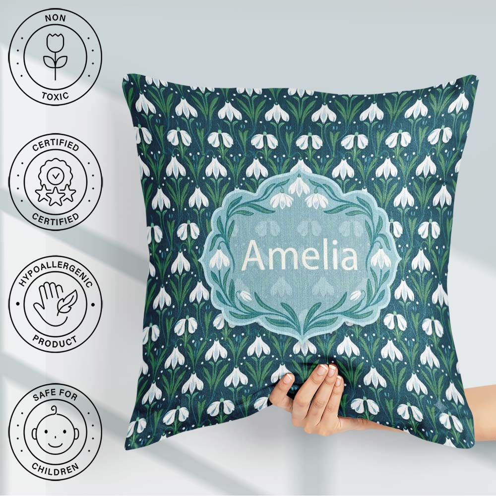 Custom Name Stylized Snowdrop Floral on Deep Background Seamless Square Filled Cushion Throw Pillow Sofa Bed Home Decor Zip Washable UK Made