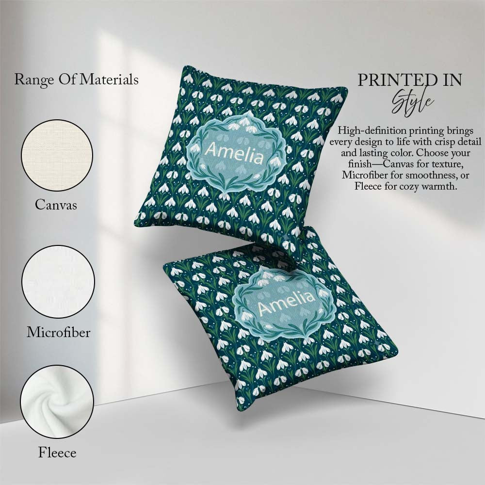 Custom Name Stylized Snowdrop Floral on Deep Background Seamless Square Filled Cushion Throw Pillow Sofa Bed Home Decor Zip Washable UK Made