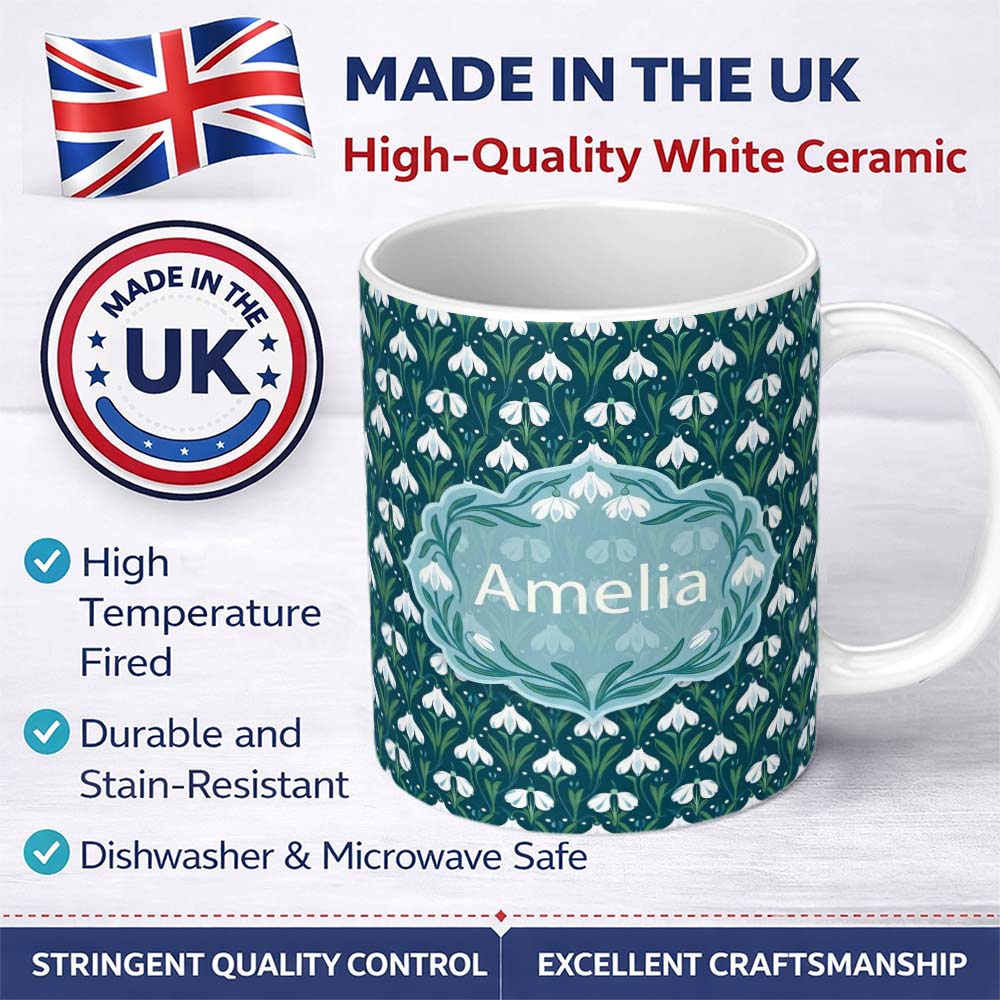 Personalized Custom Name Stylized Snowdrop Floral Pattern on Deep Teal Background Seamless 11oz Ceramic Coffee Tea Mug White Large Handle