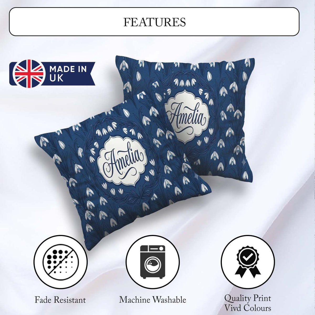 Custom Name Dense Snowdrop Flower Meadow on Dark Blue Background Square Filled Cushion Throw Pillow Sofa Bed Home Decor Zip Washable UK Made