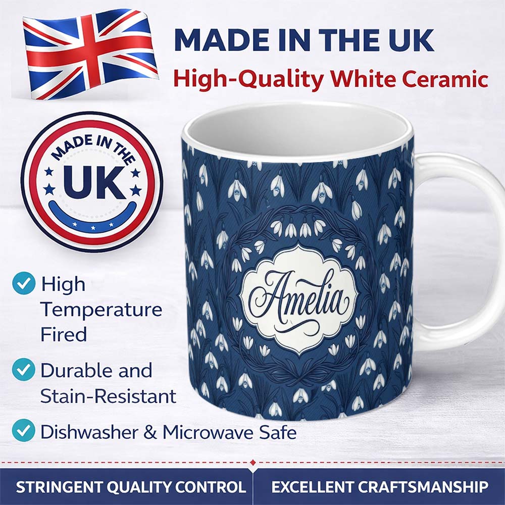 Personalized Custom Name Dense Snowdrop Flower Meadow on Dark Blue Background Seamless 11oz Ceramic Coffee Tea Mug White Large Handle