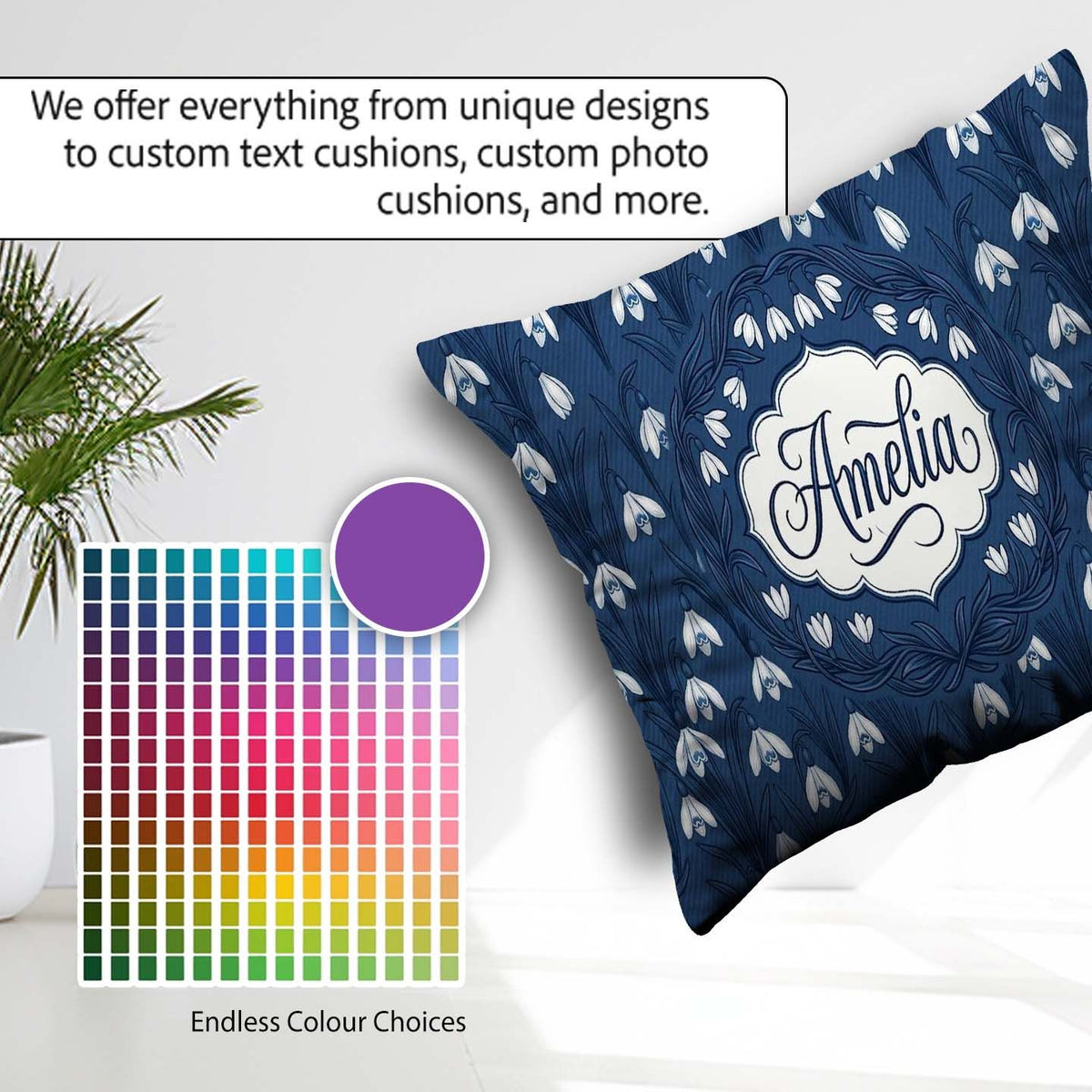 Custom Name Dense Snowdrop Flower Meadow on Dark Blue Background Square Filled Cushion Throw Pillow Sofa Bed Home Decor Zip Washable UK Made