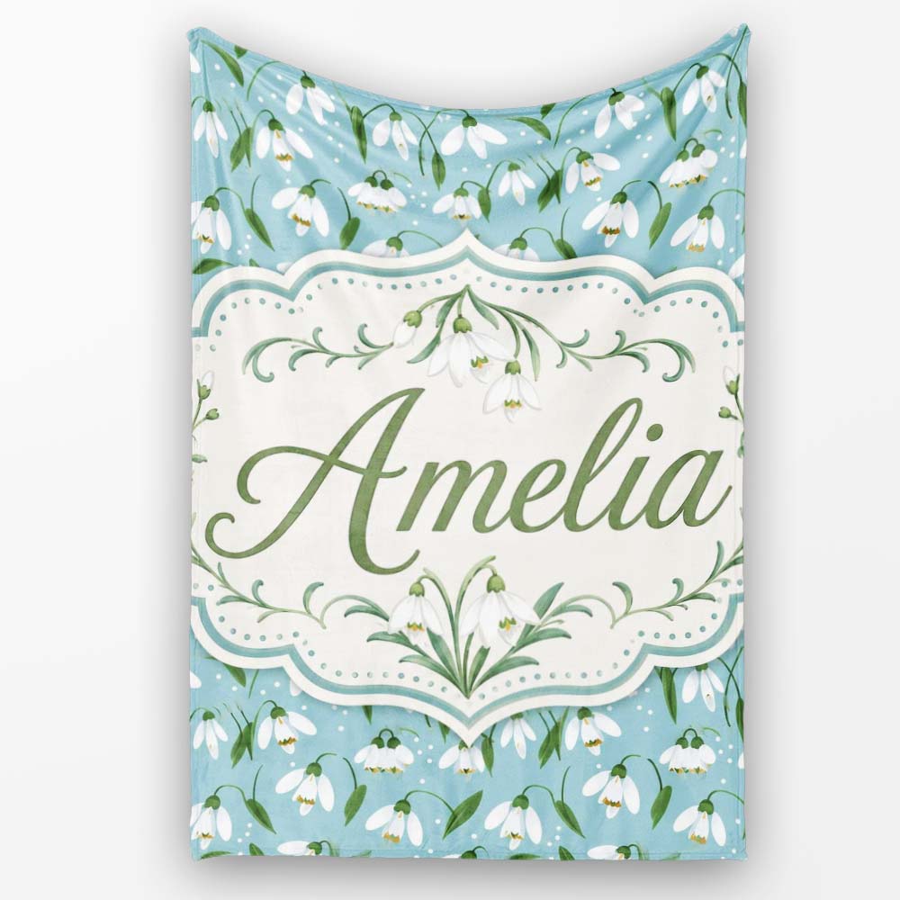 Snowdrop Floral Pattern on Pastel Blue Background Seamless Personalised Custom Name Super Soft Fleece Blanket Bed Sofa Throw