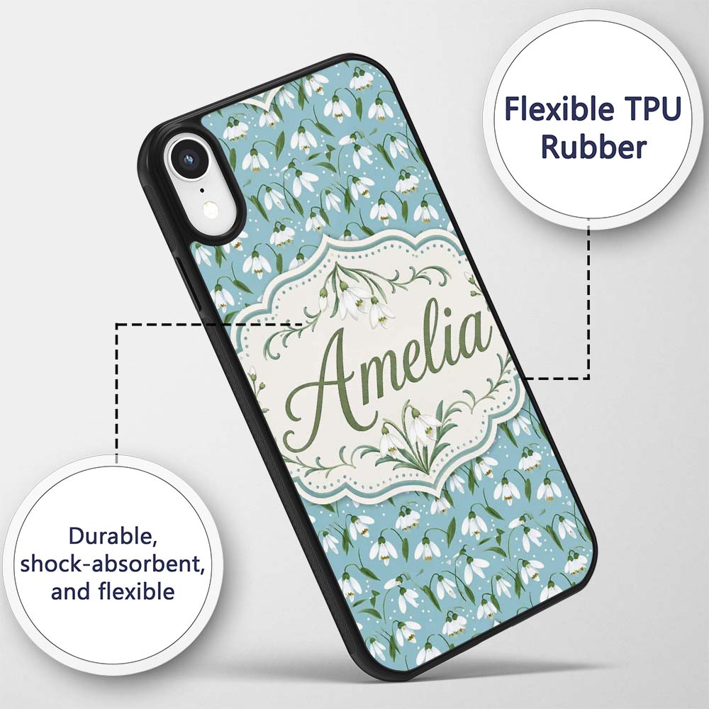Snowdrop Floral Pattern on Pastel Blue Background Custom Name Protective Phone Case Mobile Cover Durable Everyday Smartphone Shock Resistant