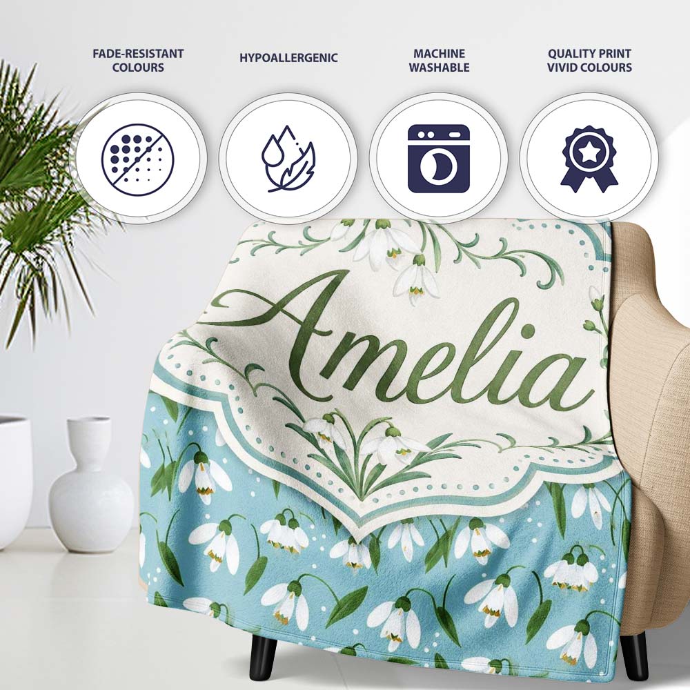 Snowdrop Floral Pattern on Pastel Blue Background Seamless Personalised Custom Name Super Soft Fleece Blanket Bed Sofa Throw