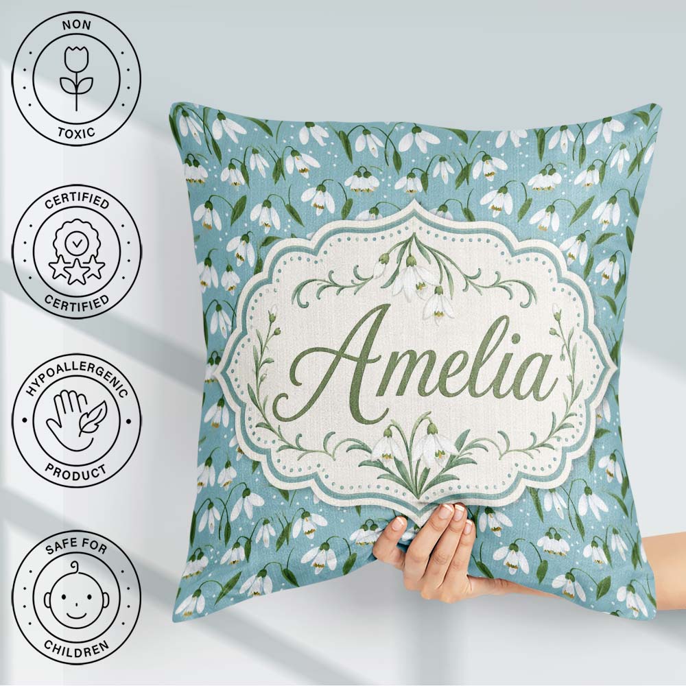Custom Name Snowdrop Floral Pattern on Blue Background Seamless Square Filled Cushion Throw Pillow Sofa Bed Home Decor Zip Washable UK Made