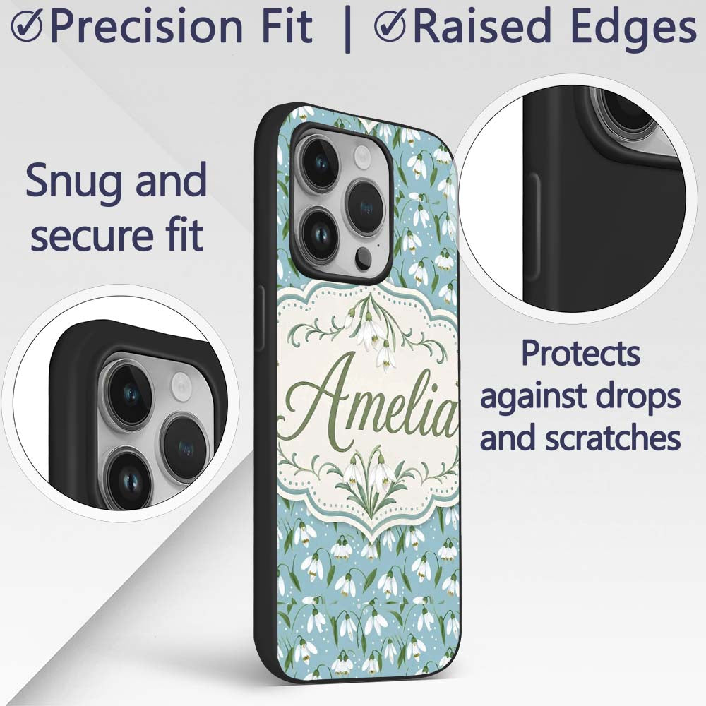 Snowdrop Floral Pattern on Pastel Blue Background Custom Name Protective Phone Case Mobile Cover Durable Everyday Smartphone Shock Resistant