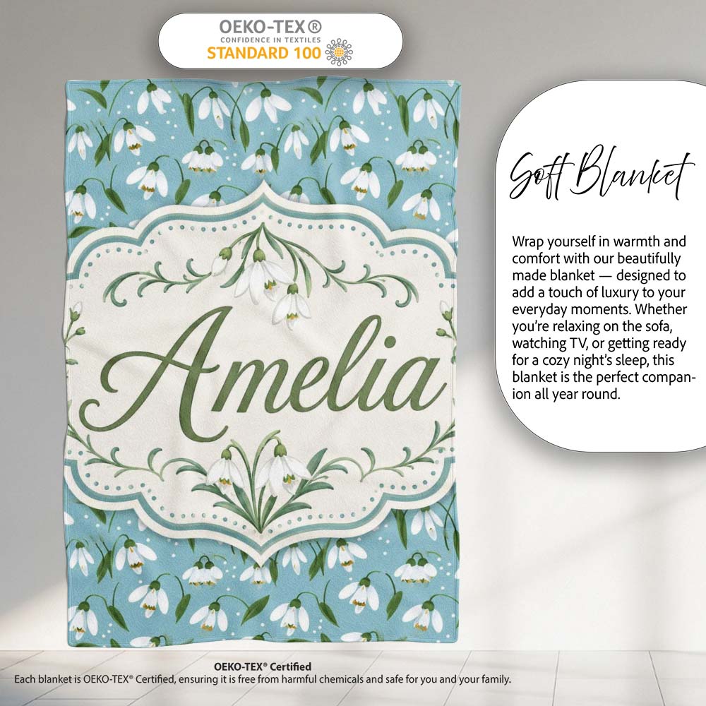 Snowdrop Floral Pattern on Pastel Blue Background Seamless Personalised Custom Name Super Soft Fleece Blanket Bed Sofa Throw