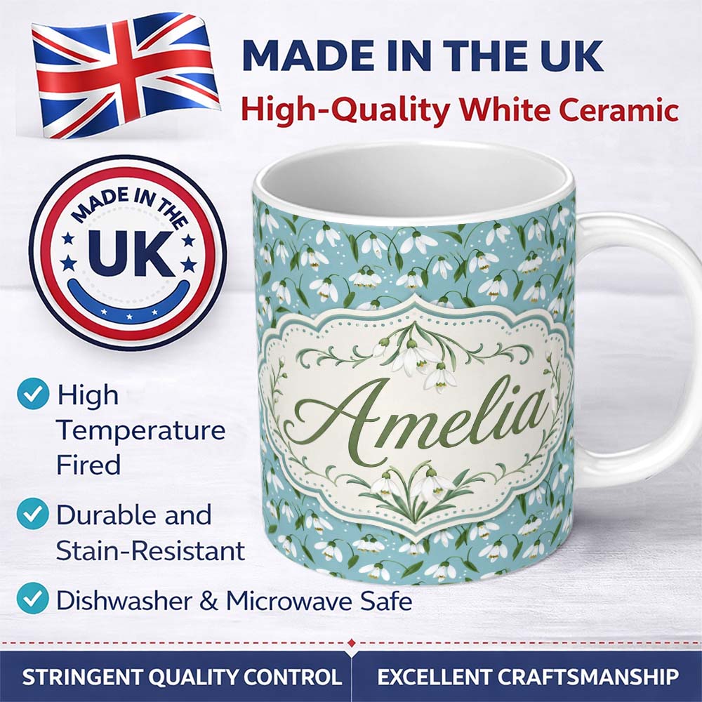 Personalized Custom Name Snowdrop Floral Pattern on Pastel Blue Background Seamless 11oz Ceramic Coffee Tea Mug White Large Handle