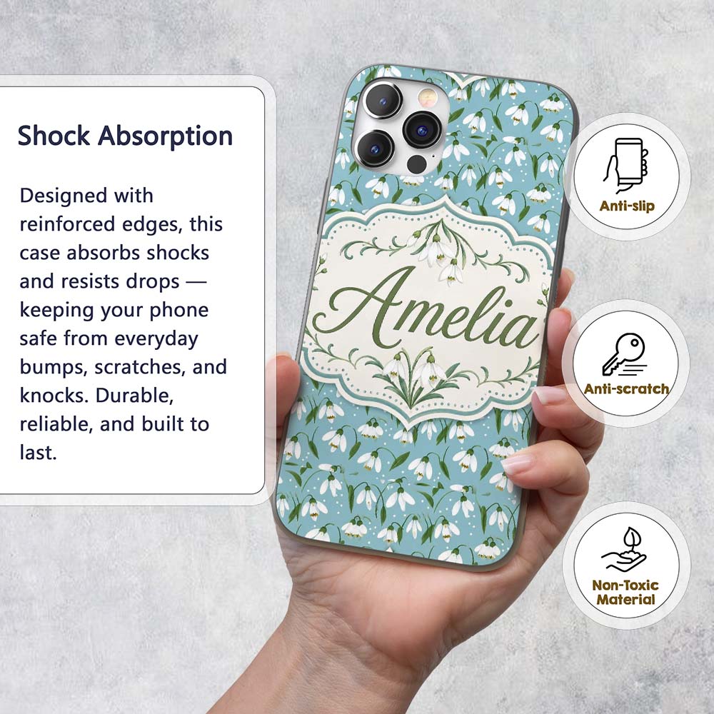 Snowdrop Floral Pattern on Pastel Blue Background Custom Name Protective Phone Case Mobile Cover Durable Everyday Smartphone Shock Resistant