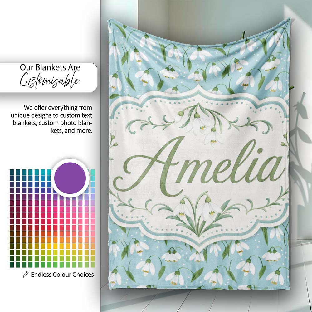 Snowdrop Floral Pattern on Pastel Blue Background Seamless Personalised Custom Name Super Soft Fleece Blanket Bed Sofa Throw