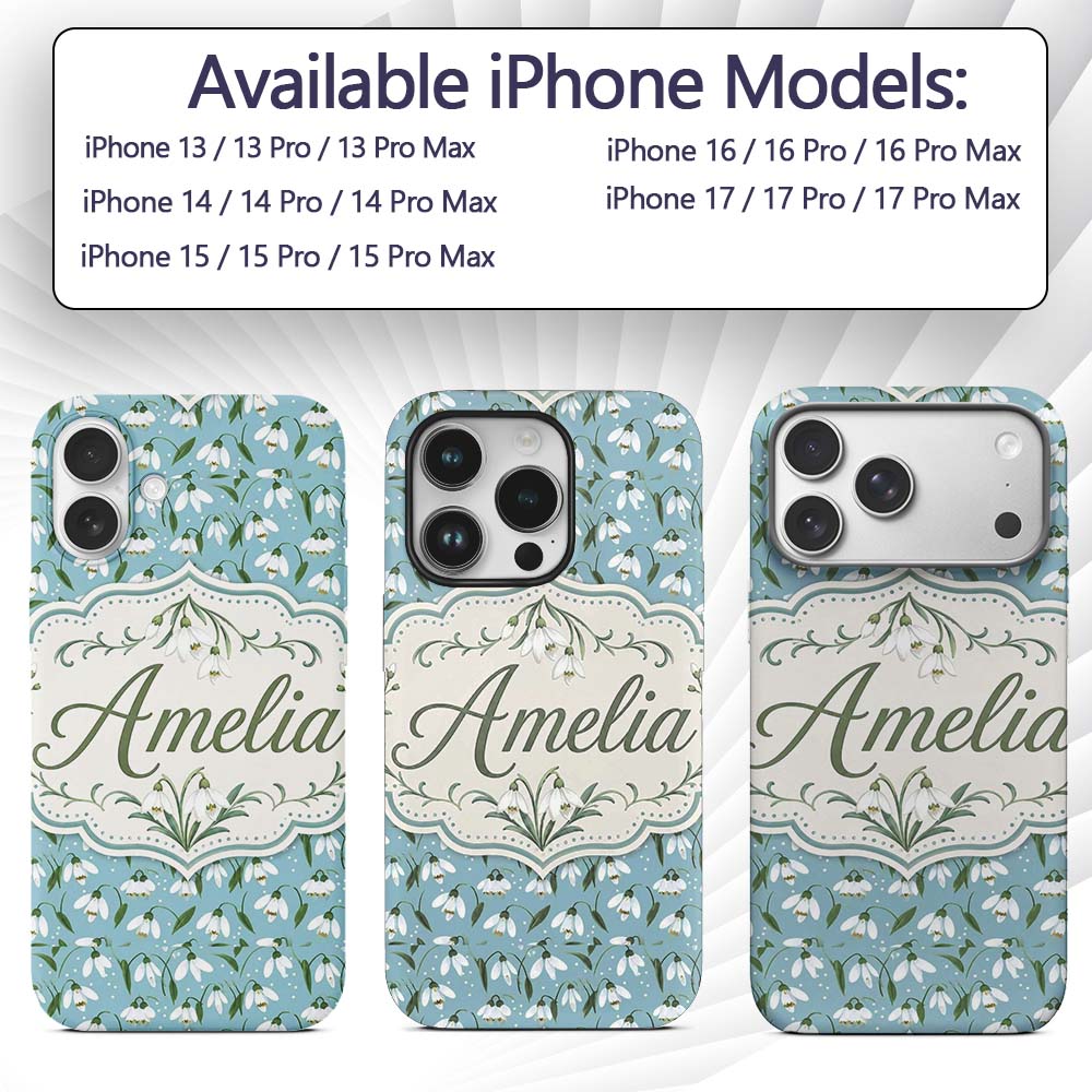 Snowdrop Floral Pattern on Pastel Blue Background Custom Name Protective Phone Case Mobile Cover Durable Everyday Smartphone Shock Resistant