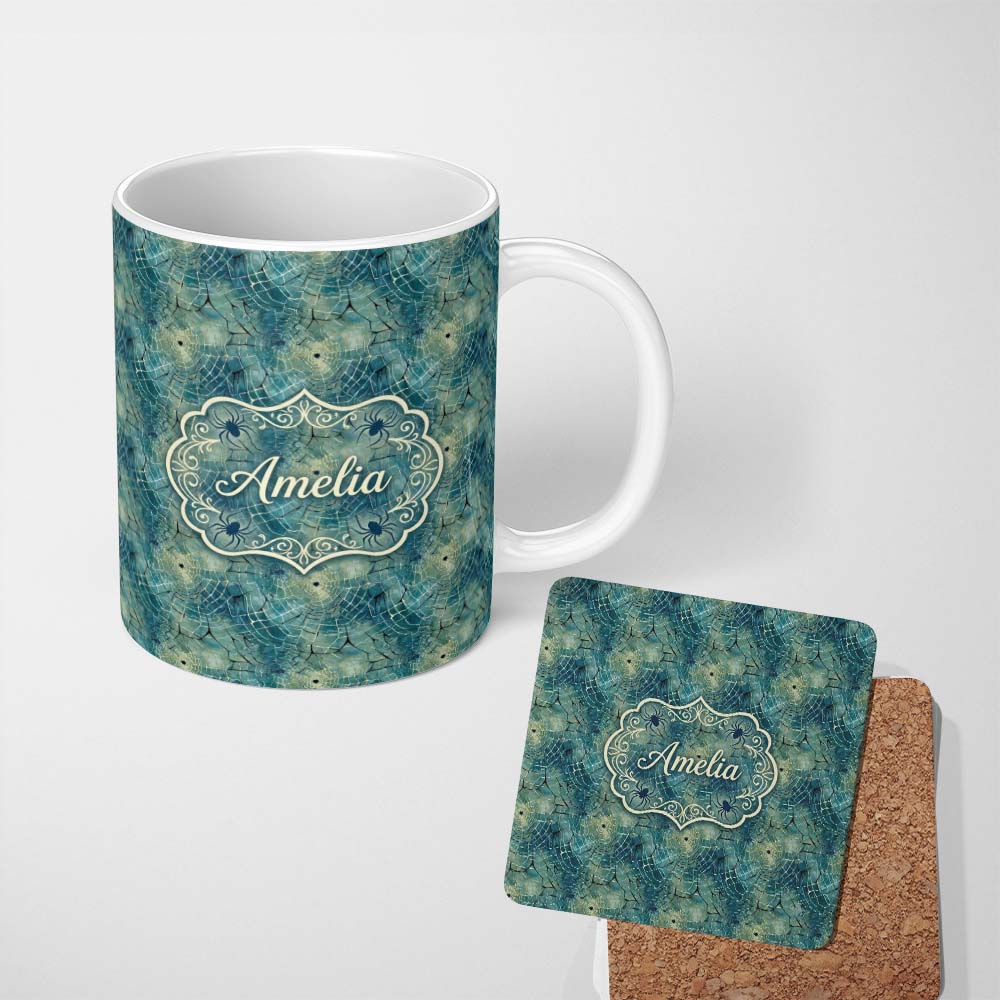 Personalized Custom Name Teal Watercolor Spider Web Pattern with Abstract Texture Seamless 11oz Ceramic Coffee Tea Mug White Large Handle