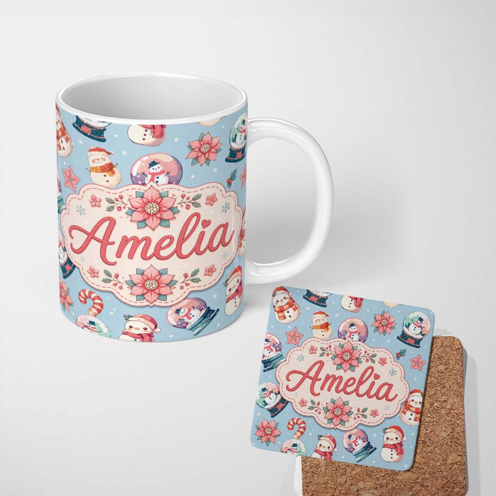 Personalized Custom Name Cute Snowman Snow Globe Poinsettia Flower Christmas Pattern Blue 11oz Ceramic Coffee Tea Mug White Large Handle