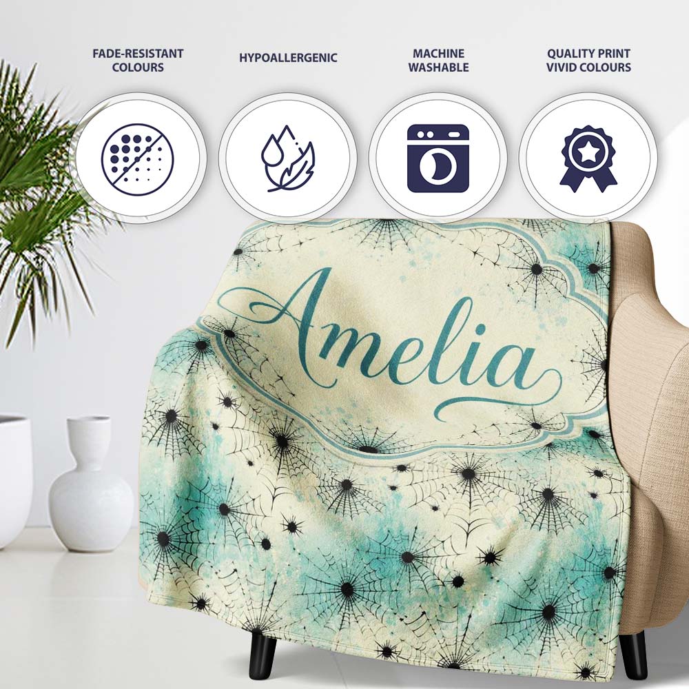 Spider Web Pattern with Splatter Effect on Light Background Personalised Custom Name Super Soft Fleece Blanket Bed Sofa Throw