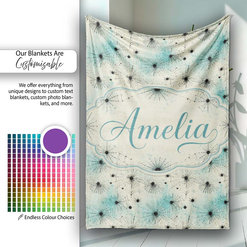 Spider Web Pattern with Splatter Effect on Light Background Personalised Custom Name Super Soft Fleece Blanket Bed Sofa Throw