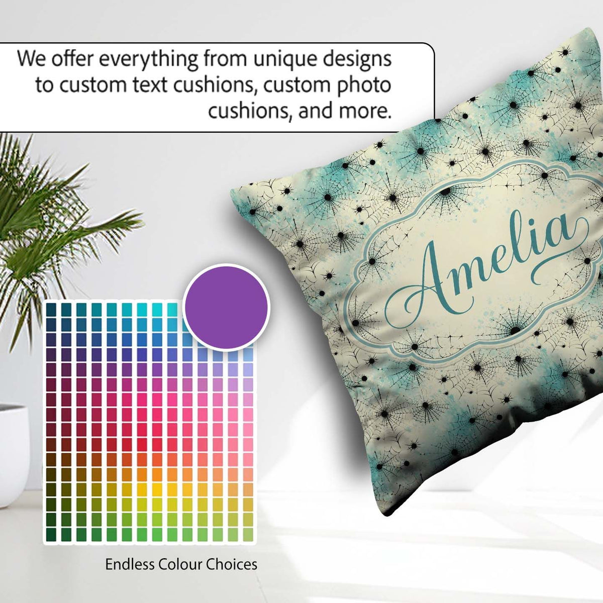 Custom Name Spider Web Pattern with Splatter on Light Background Square Filled Cushion Throw Pillow Sofa Bed Home Decor Zip Washable UK Made