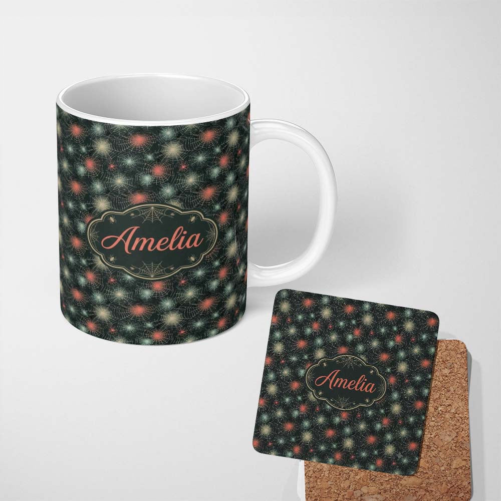 Personalized Custom Name Dark Gothic Spider Web Pattern with Glowing Centers Seamless 11oz Ceramic Coffee Tea Mug White Large Handle