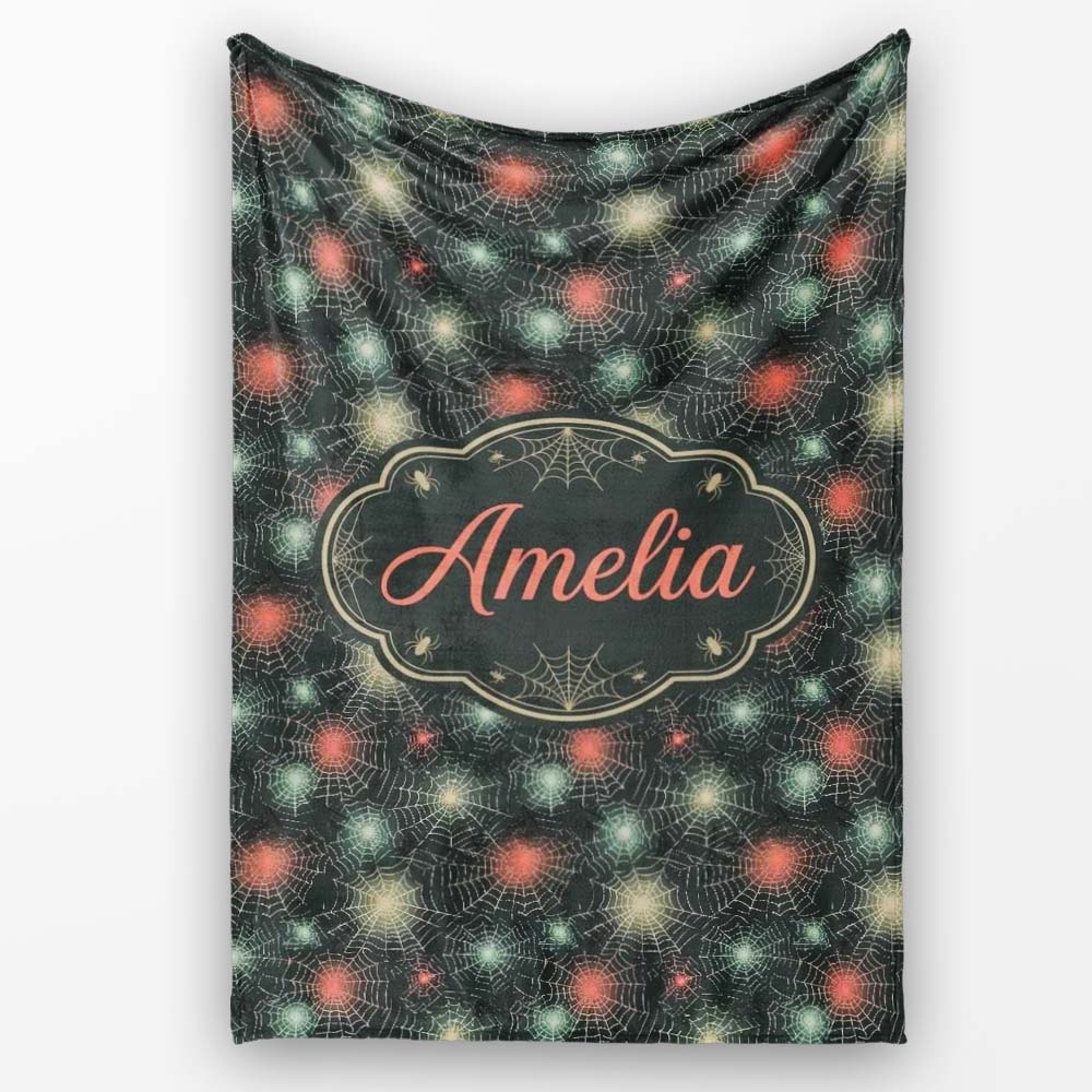 Dark Gothic Spider Web Pattern with Glowing Centers Seamless Personalised Custom Name Super Soft Fleece Blanket Bed Sofa Throw