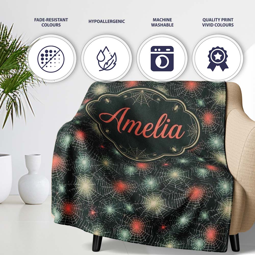 Dark Gothic Spider Web Pattern with Glowing Centers Seamless Personalised Custom Name Super Soft Fleece Blanket Bed Sofa Throw